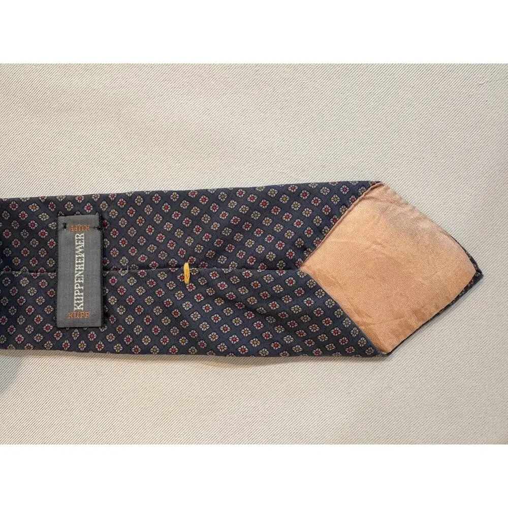Kuppenheimer Navy Blue Tie 100% Silk Red And Gold Geometric Print